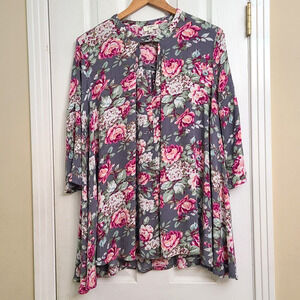 Umgee Gray Pink Floral Rose Flowy Tunic Top Swing Dress Boho Cottagecore Size L